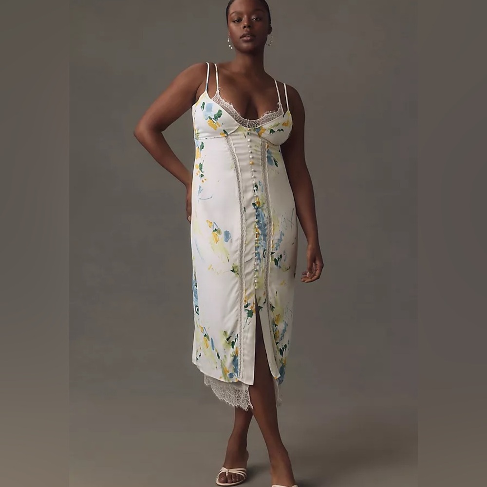BY ANTHROPOLOGIE LACE BUTTON-FRONT SLIP DRESS